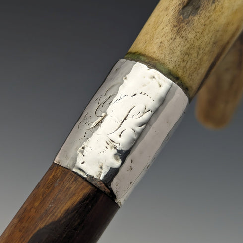 約 1900 年英國古董男士手杖純銀裝飾鹿角手柄棕色軸 85.5 厘米